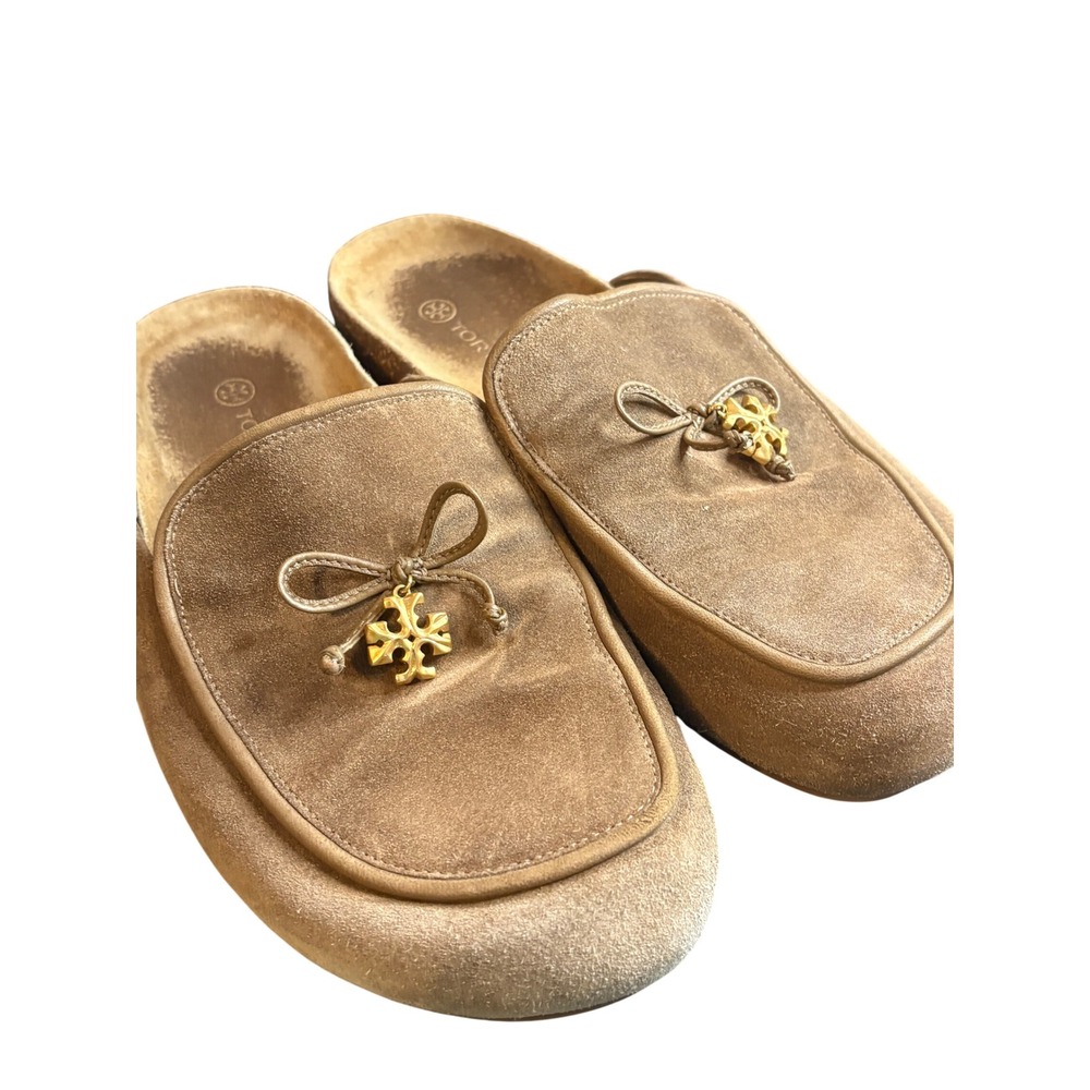 Tory Burch Women Tan Suede Logo Charm Bow Mules Slides Size 10 Brown